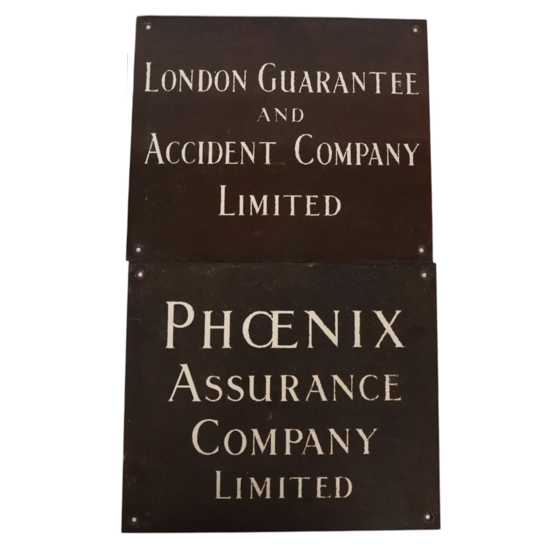 Framed County Fire Office brass plaque, inscribed in red enamelled letters 'Agent County Fire Office Founded 1806', overall 26cm x 51cm, together with Phoenix Assurance Co Ltd copper letter box cover, 7cm x 45.5cm, and two bronze signs, the first detailed 'Phoenix Assurance Company Limited', the second 'London Guarantee and Accident Company Limited' second example 21.5cm x 25cm 