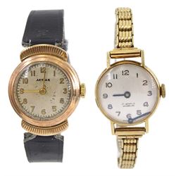 Audax 9ct gold ladies manual wind wristwatch, Chester 1947, on black leather strap and one other 9ct gold ladies manual wind bracelet wristwatch, hallmarked 