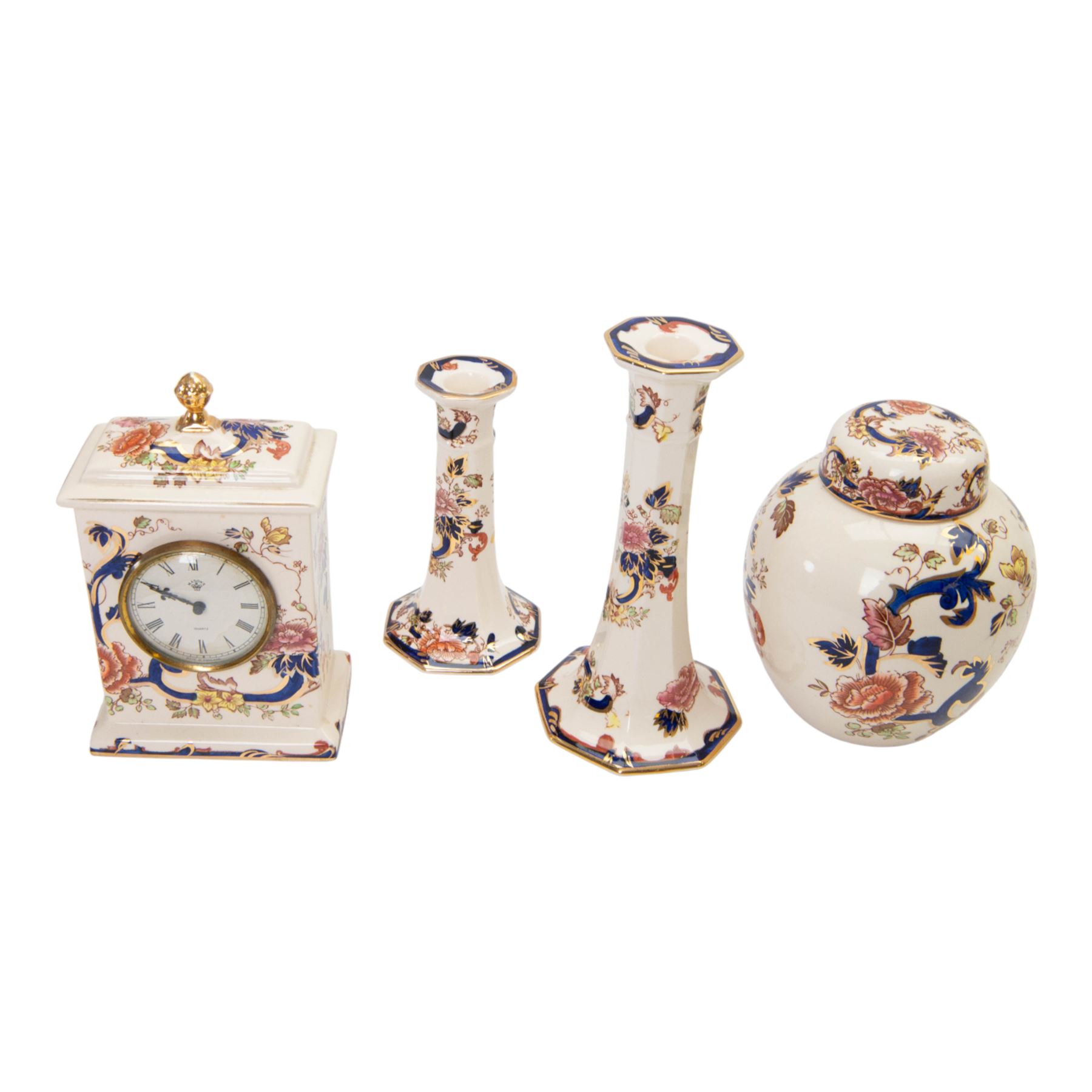 Collection of Mason ‘Mandalay’ pattern ceramics, to include vase and cover, two clocks, candle sticks, wall vases, ginger jar etc 