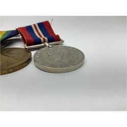 WW1 group of three medals comprising British War Medal, Victory Medal and 1914 Star awarded to 8328 Pte. G. Shaw Yorks: L.I.; on hanging bar with WW2 1939-1945 War Medal and WW1 ribbon bar with rosette to 1914 Star ; all with ribbons; and WW2 1939-1945 War Medal with ribbon