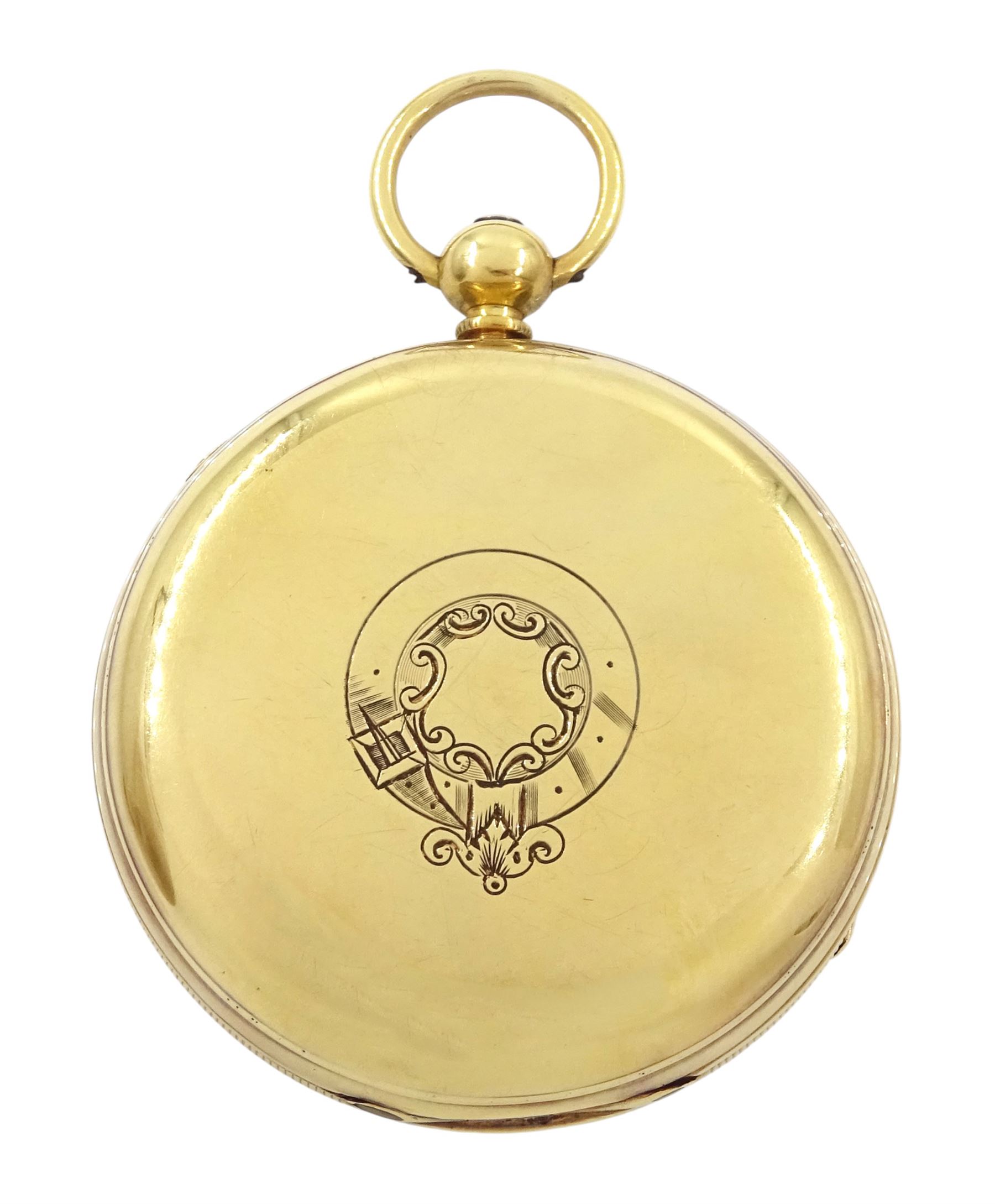 Victorian 18ct gold centre seconds key wound chronograph pocket watch by W Homere, Liverpool, No. 31658, white enamel dial with Roman numerals, outer track numbered 25-300, case by Joseph & John Hargreaves, Chester 1866