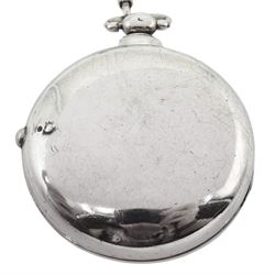 William IV silver pair cased verge fusee pocket watch by George Stanhope, London, No. 284, pierced and engraved balance cock decorated with a mask, white enamel dial with Roman numerals, case makers mark JW, London 1831, with silver watch chain