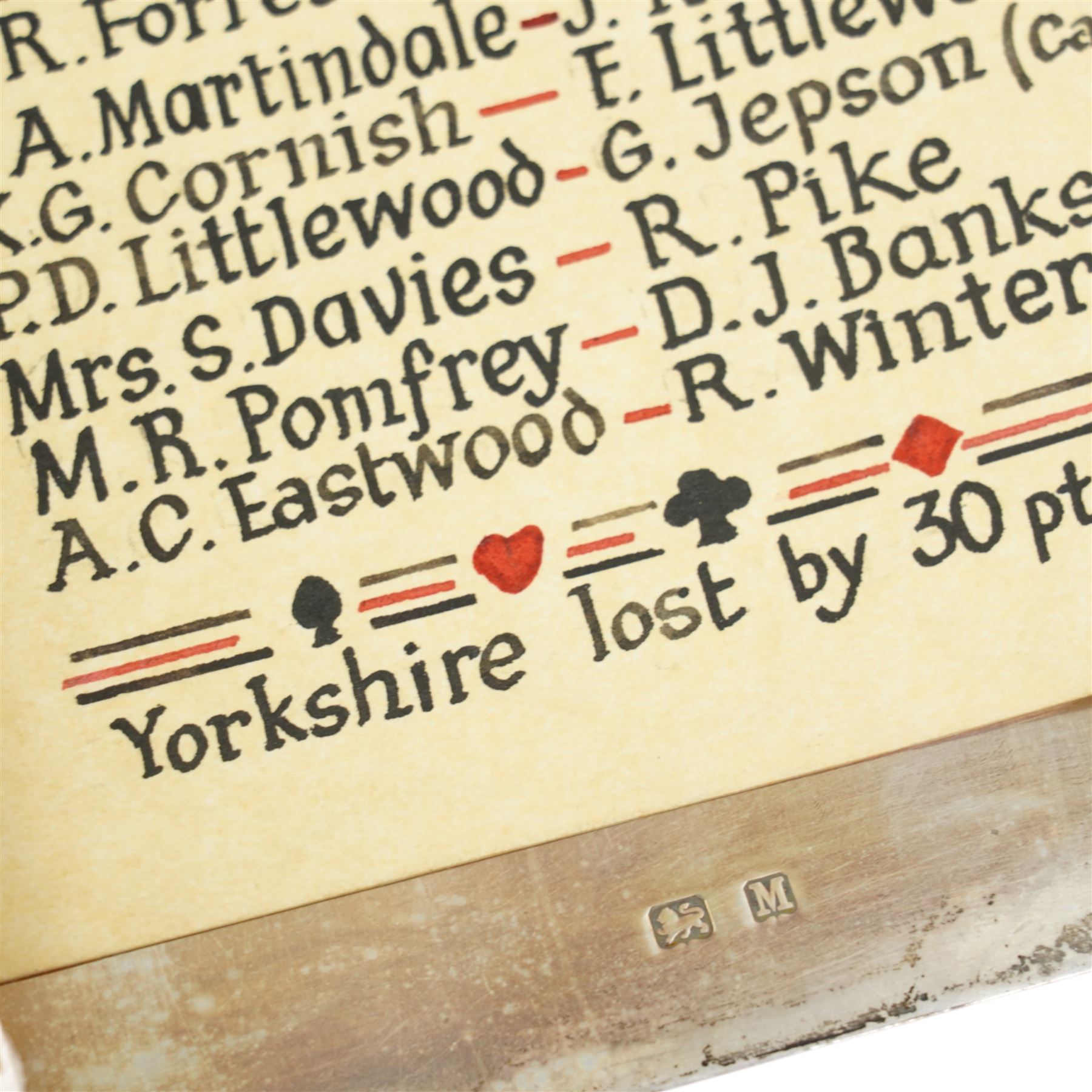 'The Roses County Contract Bridge Match, Yorkshire V Lancashire presented by Capt. G Fell 1936 for a record of the teams' - A silver booklet decorated with enamel roses containing hand drawn lists of the teams 1936 together with other team lists 1955-1984 15cm x 10cm Birmingham 1936 Maker S Blackensee & Son Ltd