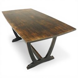 Acornman - dark stained oak dining table, rectangular top raised wishbone end supports united by stretcher, with carved acorn signature, by the workshop of Alan Grainger of Brandsby