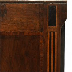 Large 18th-century North Italian walnut commode, rectangular top with quartered veneer, central parquetry inlay and raised moulded edges above three drawers with brass ring handles, cross banding and further central parquetry inlay, supported on square tapered feet