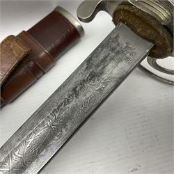 WWI 1821 pattern Royal Artillery officer's sword, the 82.5cm decorative blade by Hawksworth Sheffield etched with GVR cypher and crown, 'Royal Artillery' and field gun between scrolling foliate panels; three-bar hilt with wire-bound fish skin grip and chequered backstrap; in leather covered scabbard L99cm overall