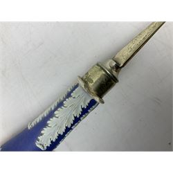 Wedgwood blue Jasperware salad bowl with silver plated collar and matching servers, bowl D22.5cm