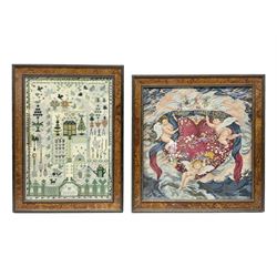 Two framed needlework samplers, the first example depicting a house and garden scene, the second cherubs