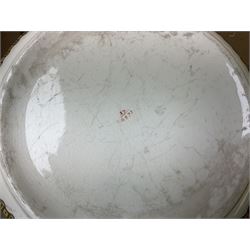 Large ceramic Jardiniere on stand, decorated with an oriental pheasant perched upon branches blossoming with peonies and foliage on white ground, overall H99cm