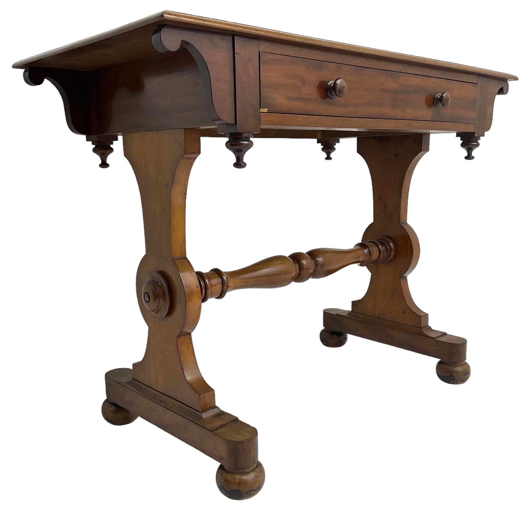 Victorian design mahogany side table, fitted with single drawer, raised on shaped end supports with bun feet, united by turned stretcher