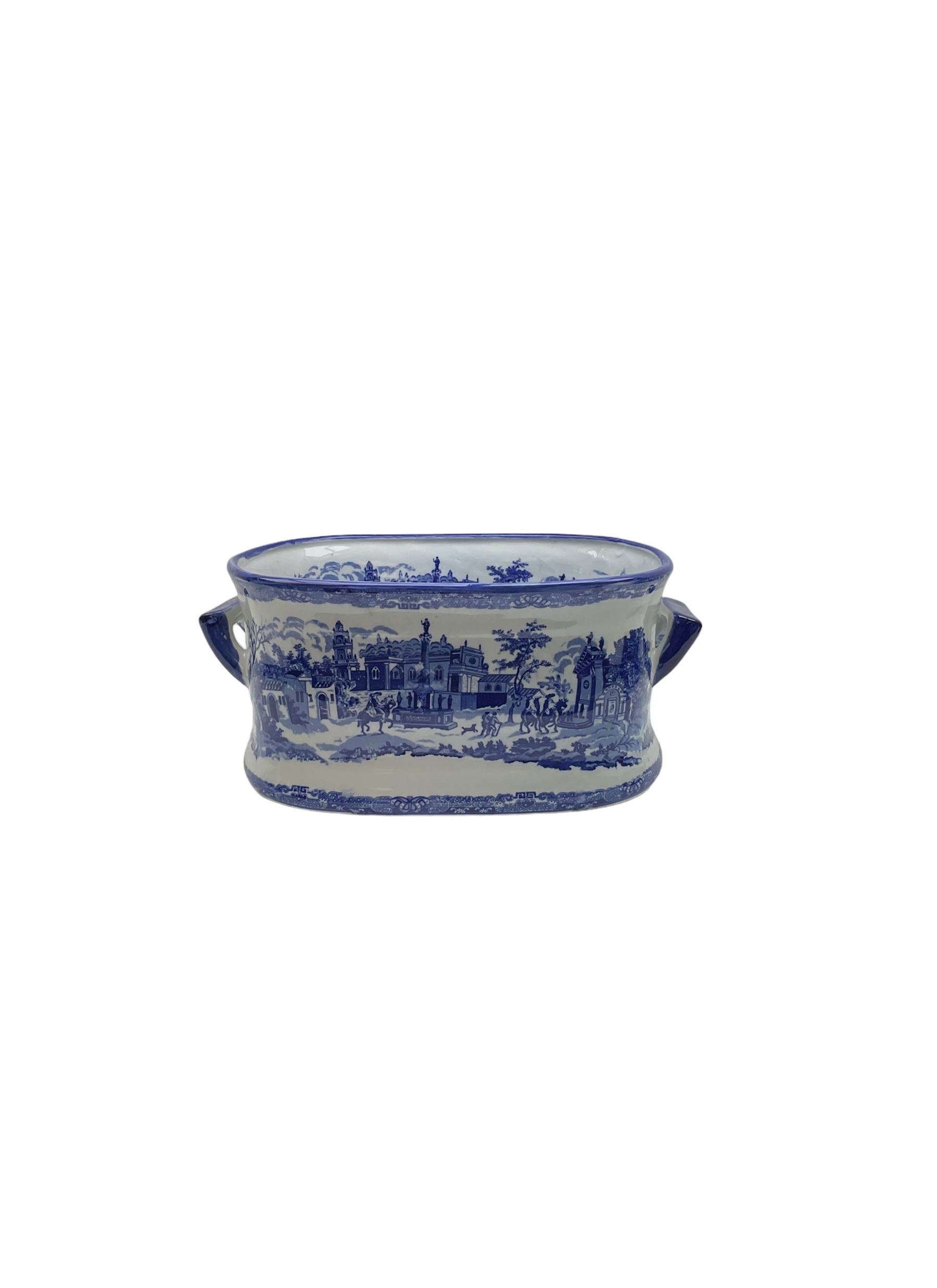 Victorian style, blue and white transfer printed footbath, decorated with town scene and with twin carry handles, L48cm