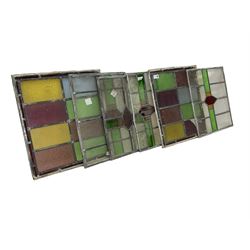 Set six leaded stained glass window panes, largest measuring 46cm x 41cm 