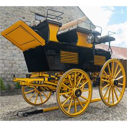 Roof Seat Break by Shanks of London

A roof seat break by Shanks of London built on a perch in black and yellow livery, the body fitted with an elevated driver's box seat, elevated rear groom's seat and central passenger compartment. The carriage is mounted on wooden spoked wheels with leaf spring suspension and is equipped with louvred underbody storage compartments, carriage lamp brackets (lamps next lot), folding access steps and a pole for driving with a pair or team of horses. The wheel hubs are stamped 