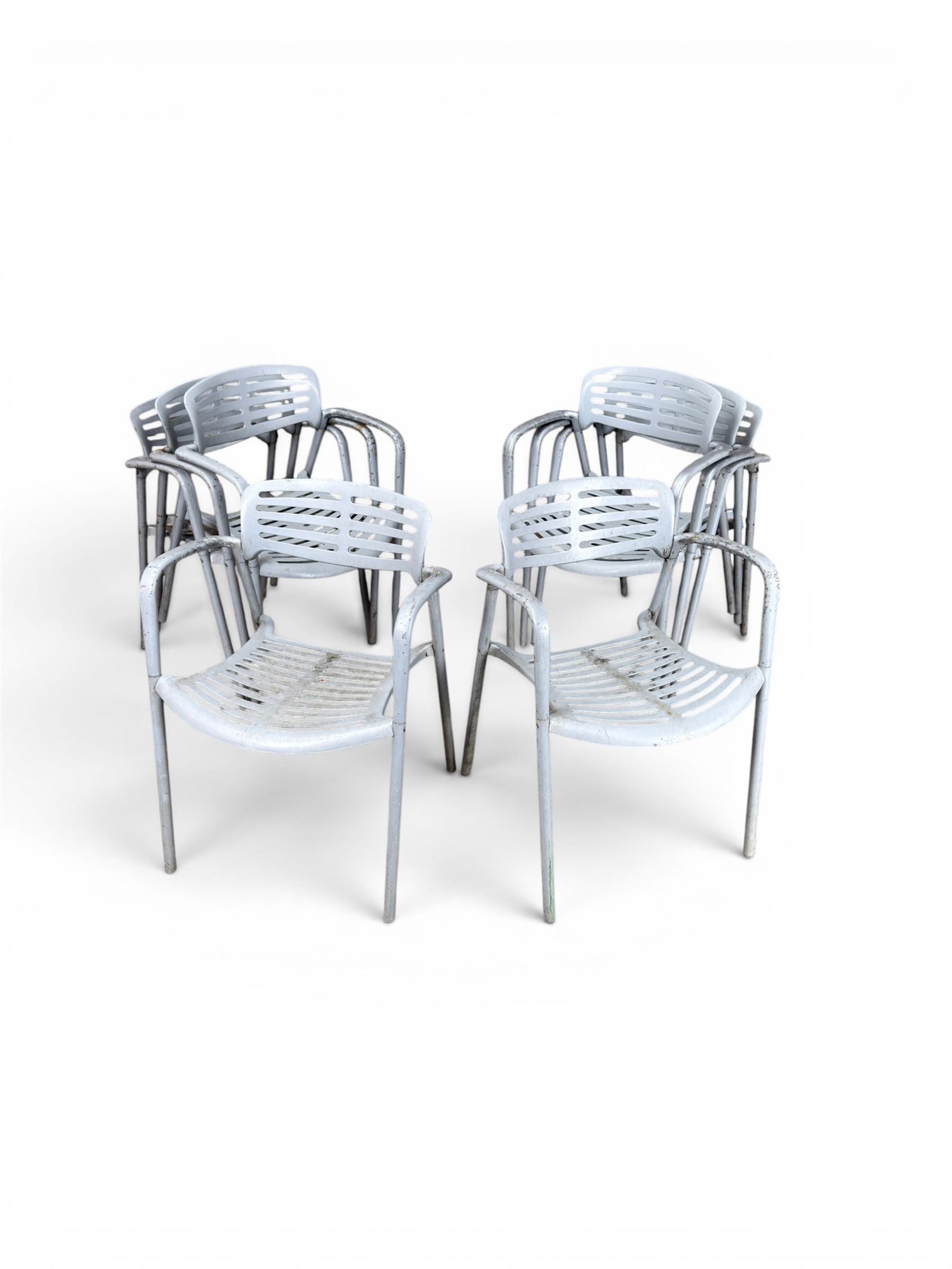 Set of eight mid-20th century painted aluminium garden armchairs, curved backs with shaped seat, stackable