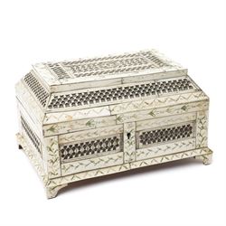 Early 19th-century French Napoleonic Prisoner of War bone workbox, decorated with repeating pierced classical decoration within borders of sgraffito foliate motifs, H13cm x W22cm x D15cm