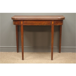  19th century mahogany D-shaped folding tea table, geometric inlaid frieze, square tapering supports, W88cm, H75cm, D93cm (unfolded measurements)  