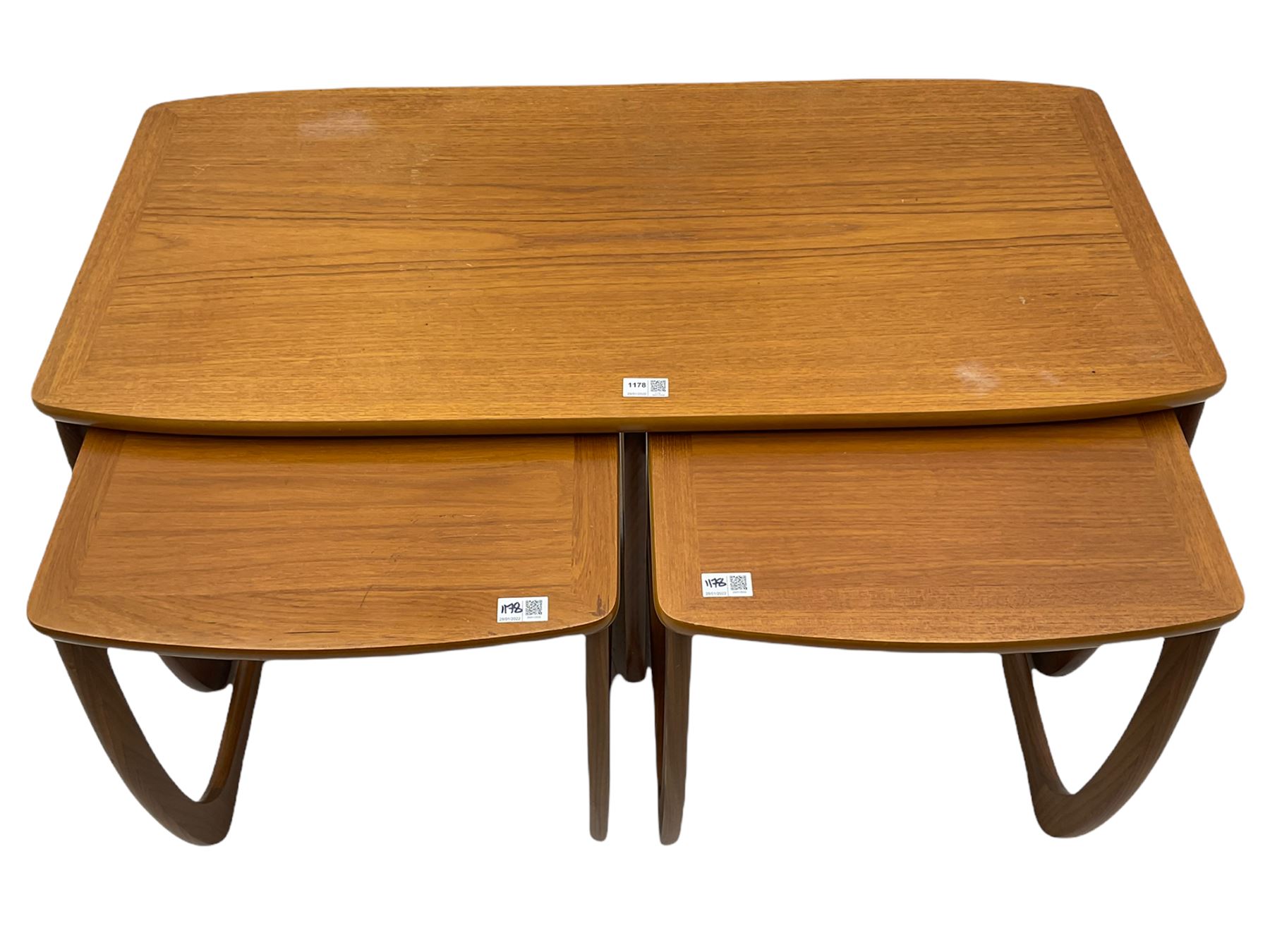 Nathan - teak Long John nest of tables and a singular nest of tables 