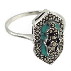 Silver marcasite and turquoise ring and a silver marcasite crossover ring, both stamped 925