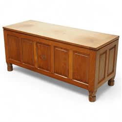 Wrenman - blanket chest, double hinged top, with signature Wren carving from the workshop of Robert Hunter