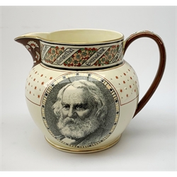 19th century Wedgwood Longfellow commemorative jug, transfer printed with a portrait to the front, lines from the poem Keramos verso and book titles around the rim, marked to the base 'Manufactured by Josiah Wedgwood & Sons Etruria for Richard Briggs Boston' H18cm