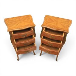 Louis XV style pair of kingwood bedside chests, each of serpentine outline with three parquetry drawers, gilt metal mounts and handles, raised on slender cabriole legs