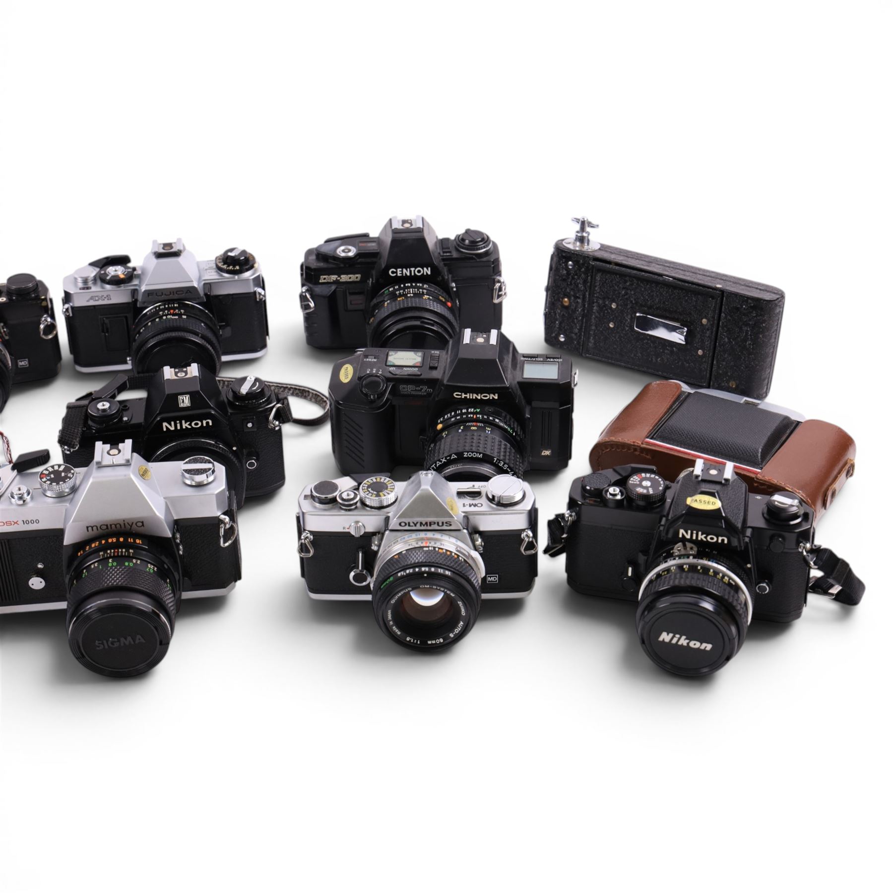 Collection of cameras, Nikon EM, Fujica ST605, Olymous OM2, etc