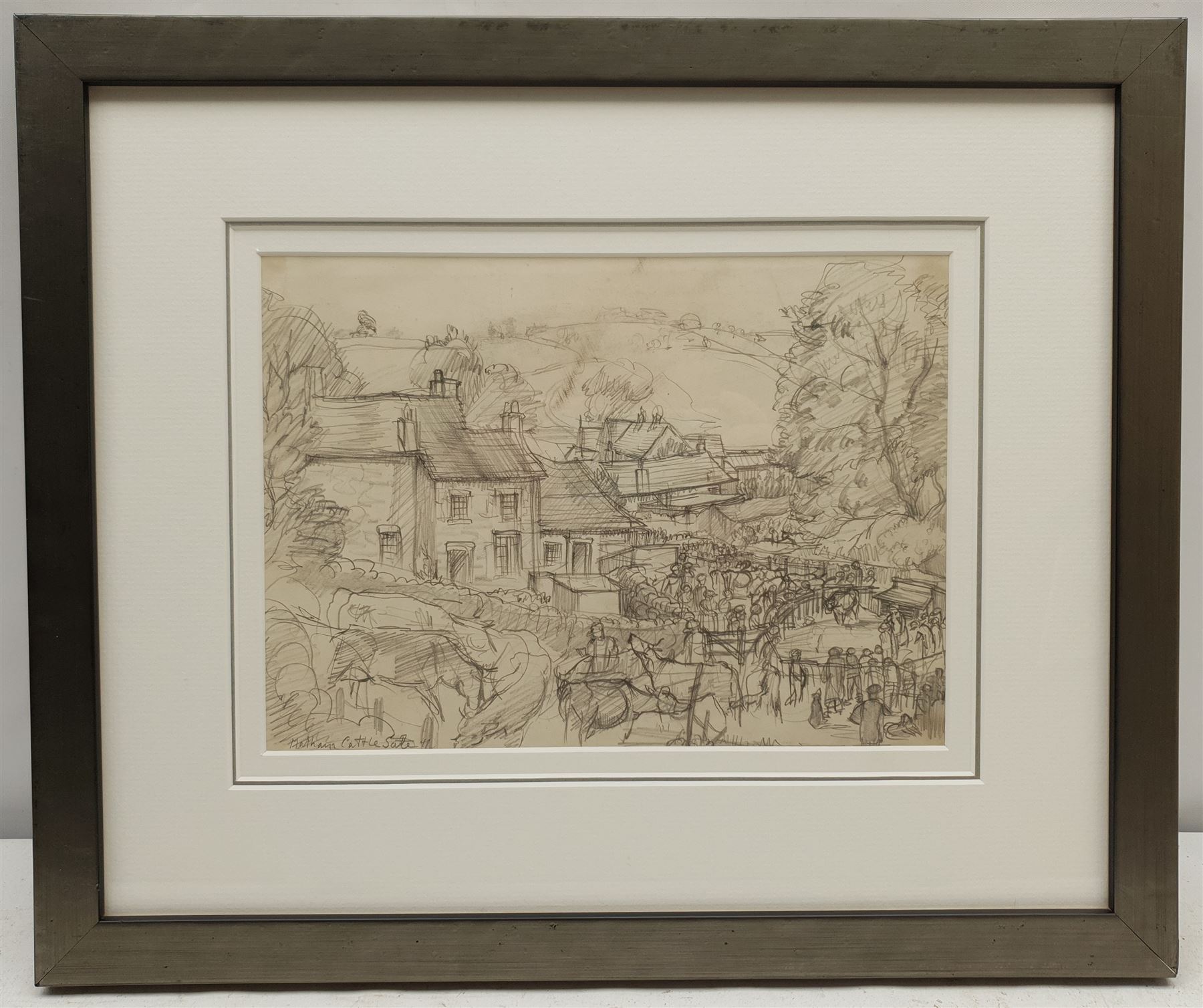 Constance Anne Parker (British 1921-2016): 'Malham Cattle Sale', pencil unsigned titled and dated '49 in the artist's hand 19cm x 27cm 
Notes: this is reminiscent of the pencil sketches of Fred Lawson, and it seems probable the two met at some point in the Yorkshire Dales.