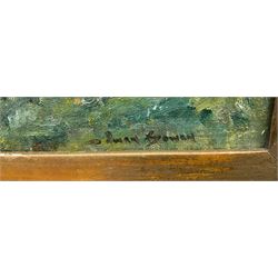 Owen Bowen (Staithes Group 1873-1967): River Landscape, oil on canvas board signed 29cm x 28cm