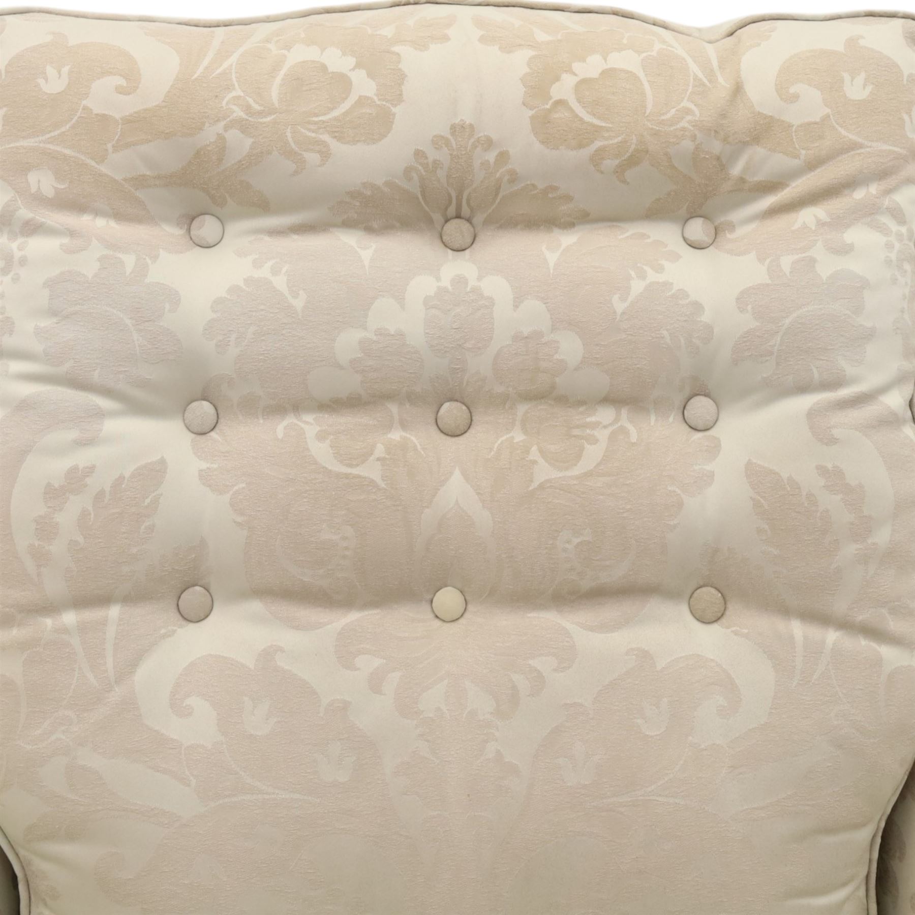Duresta England - armchair upholstered in beige damask fabric, with deep seat and button back, loose seat cushions with scrolled arms, raised on brass castors