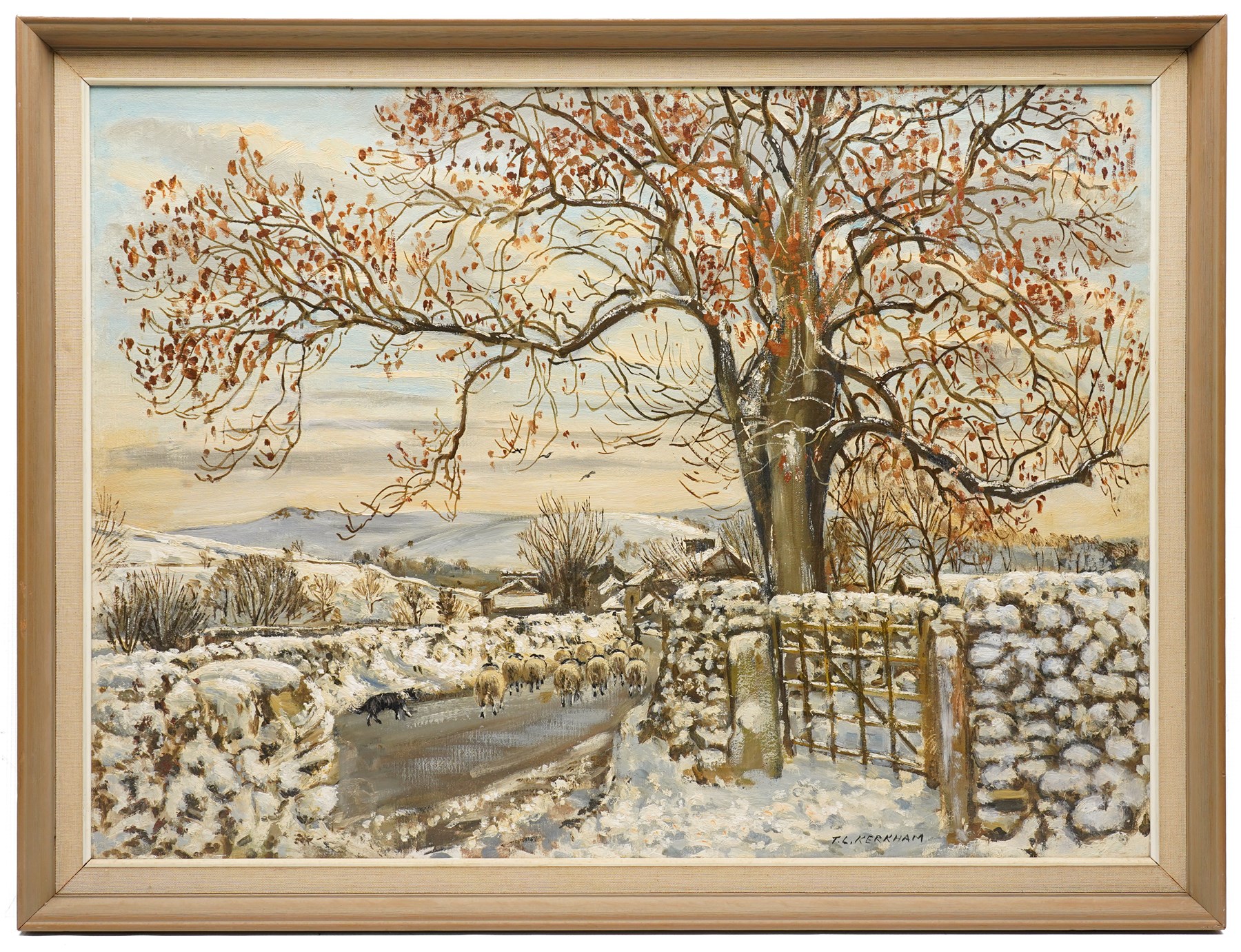 Thomas Leslie Kerkham (Yorkshire 1918-1986): Sheepdog Herding in the Snow and Holstein Friesian Cows Meandering, two oils on canvas board max 54.5cm x 75cm (2)