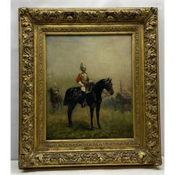 G Lindheimer (19th century): Mounted Dragoon Guardsman, oil on mahogany panel signed and dated '98, 54cm x 45cm