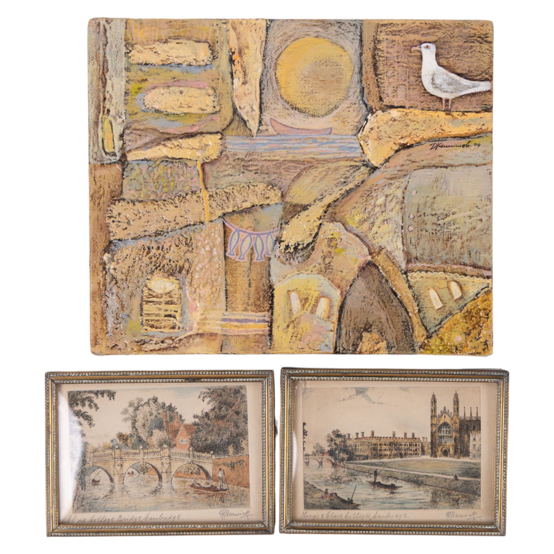 Dimitar Keshishev (Russian/Bulgarian Contemporary): 'Nostalgia', abstract acrylic on canvas signed and dated '09, 16cm x 19cm; French School, Impressionist River scene, oil on board 18cm x 23cm; Chinese silk panel, oil of Cologne and and a pair of miniature coloured engravings of Cambridge (6)