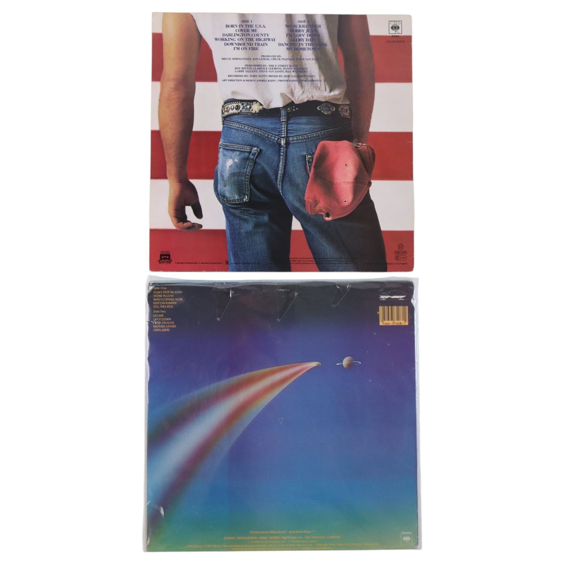 Signed Journey Escape record, with Steve Perry, Neal Schon, Jonathan Cain, Ross Valory, together with a Bruce Springsteen Born in the USA record, Wrecking Ball tour programme and ticket