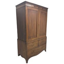 19th century mahogany linen press, projecting moulded cornice over figured frieze, enclosed by two panelled doors with geometric stringing, fitted with two short and one long cock-beaded drawers, on shaped apron and splayed bracket feet