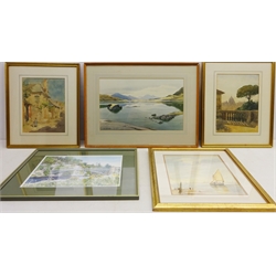  Lakeland landscape, colour print after William Heaton Cooper, Children at Doorway, watercolour indistinctly signed, 'Villa Medici, Roma, titled and dated 1900, Coming into shore, watercolour and one other print (5)  