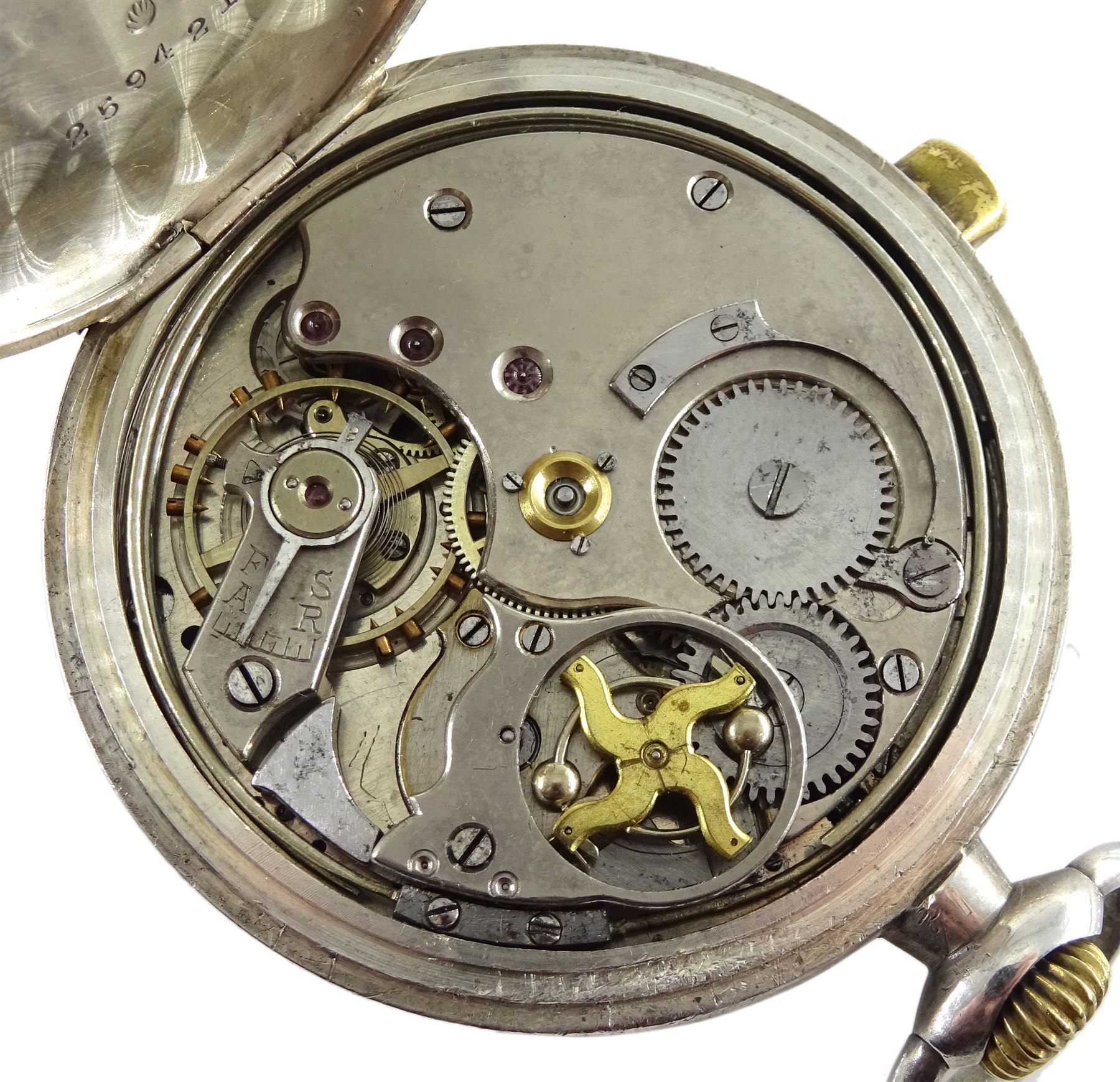 Late 19th century continental silver open face keyless minute repeating pocket watch, plunge repeat to the side, the case stamped 0.935, numbered 2594210 and impressed with a makers mark of an open hand, the inner dust cover with applied gold work depicting birds swimming along a river bank under a tree