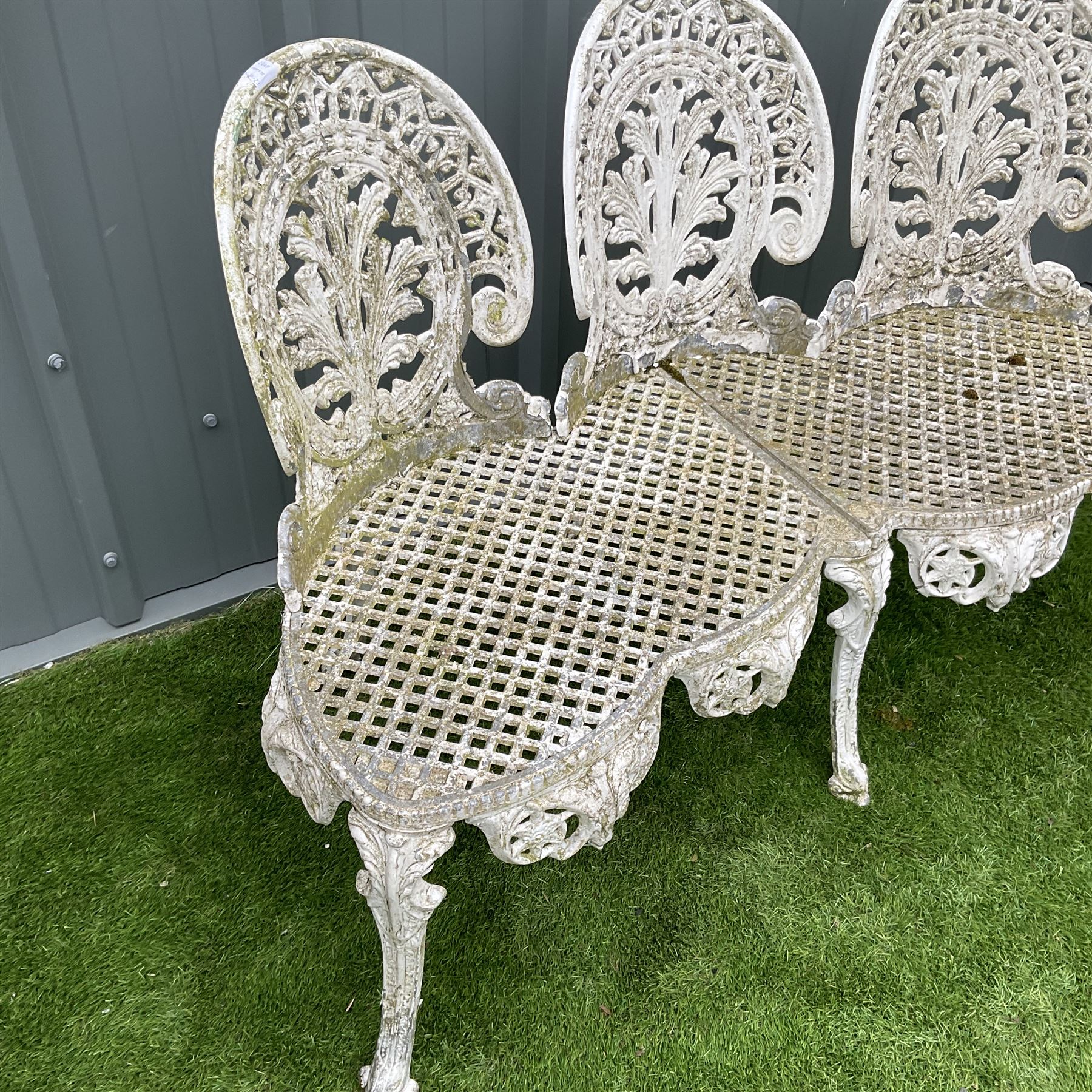 Cast aluminium thee seat garden bench painted in white  - THIS LOT IS TO BE COLLECTED BY APPOINTMENT FROM DUGGLEBY STORAGE, GREAT HILL, EASTFIELD, SCARBOROUGH, YO11 3TX