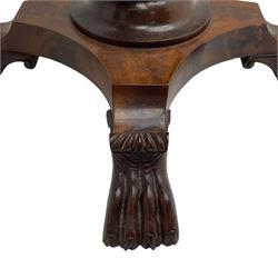 Unusual William IV mahogany Sutherland table, figured and book-matched rectangular drop-leaf top on cylindrical barrel movement, turned roundels to each end, on turned pedestal with acanthus carved baluster, shaped platform with four extended paw feet