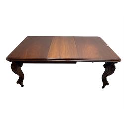 Victorian mahogany extending dining table, moulded rectangular top with rounded corners, telescopic mechanism with leaf and winding handle, on leaf and cartouche carved cabriole supports, brass and ceramic castors