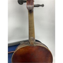 Mid-19th century amateur made violin, probably English, the 36cm one-piece maple back with manuscript inscription 'H. Carlin Feb. 13 1876', maple ribs and spruce top L60cm overall; in ebonised wooden 'coffin' case with two bows