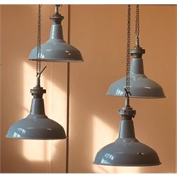 Set of four industrial grey enamel pendent light fittings, mid 20th century. H48cm, D41cm. 