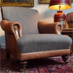 Tetrad - 'Taransay' Harris Tweed and tan leather club armchair, Howard shape with reclined...