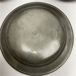 Group of 19th century pewter comprising, set of three H Kamphof Dutch pewter dishes, three other  dishes and two goblets 