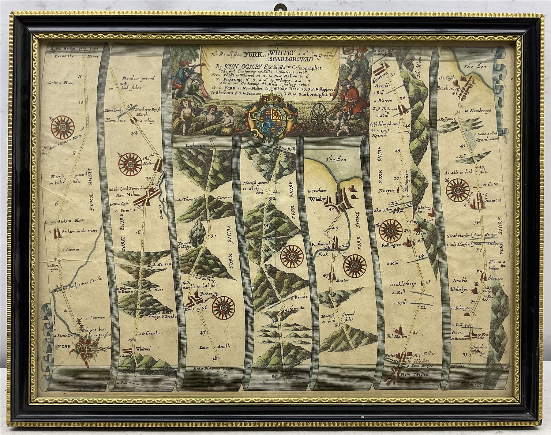 John Ogilby (British 1600-1676): 'The Roads from York to Whitby and Scarborough', engraved strip map with later hand colouring pub. 1675, 33cm x 45cm