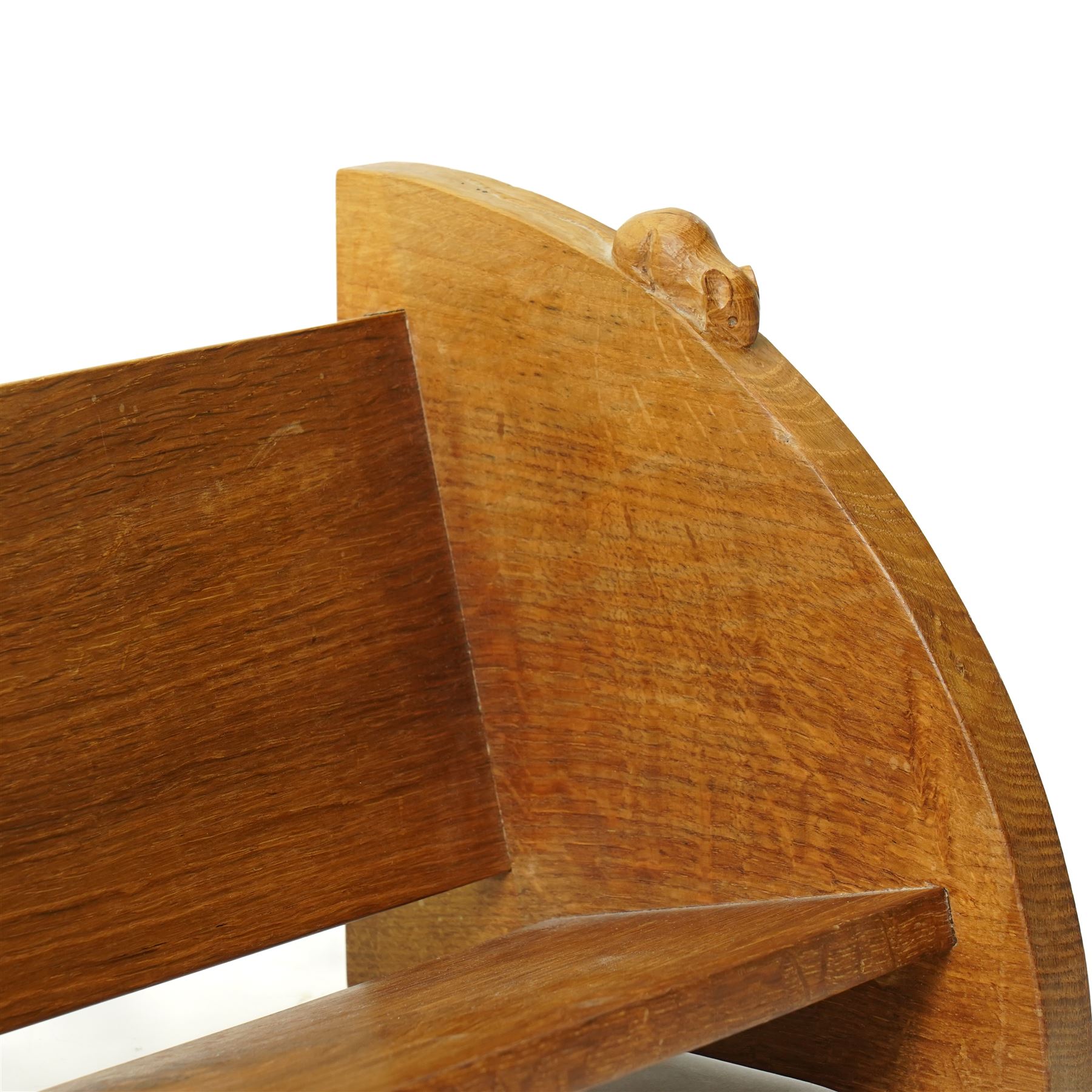 Mouseman - adzed oak book trough, curved end supports, with carved mouse signature, by the workshop of Robert Thompson of Kilburn