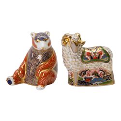 Two Royal Crown Derby paperweights, Imari Ram, with gold stopper, and Honey Bear, with sil...