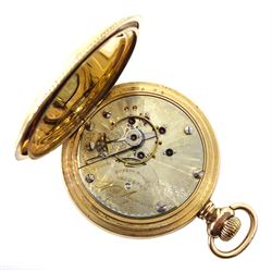 American gold-plated full hunter, 21 jewels keyless pocket watch by Hampden Watch Co, No. 1406468, the movement signed 'North American Railway', white enamel dial with Arabic numerals and subsidiary seconds dial, the case front decorated with applied cartouche and coloured flowers, the reverse depicting a stag within a floral wreath