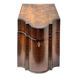 Georgian mahogany knife box, of serpentine fronted form with inlaid bands to the body and ivory escutcheon, opening to reveal a fitted interior, H37cm