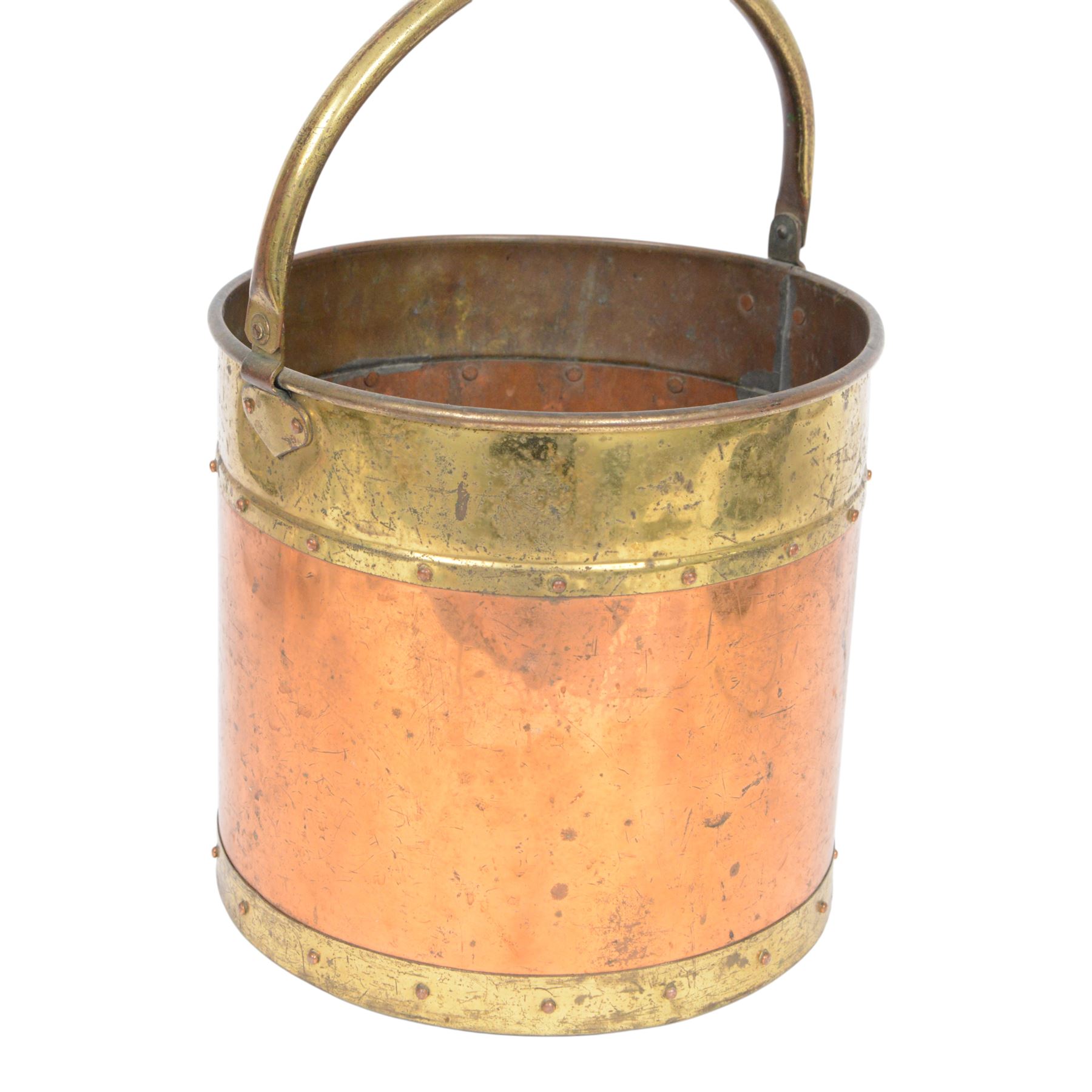 19th century rivetted copper and brass coal bucket  with swing handle, H30cm, D32cm