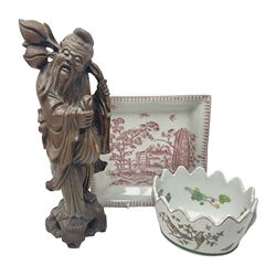 Chinese monteith, together with an India Jade plate and a carved wooden immortal